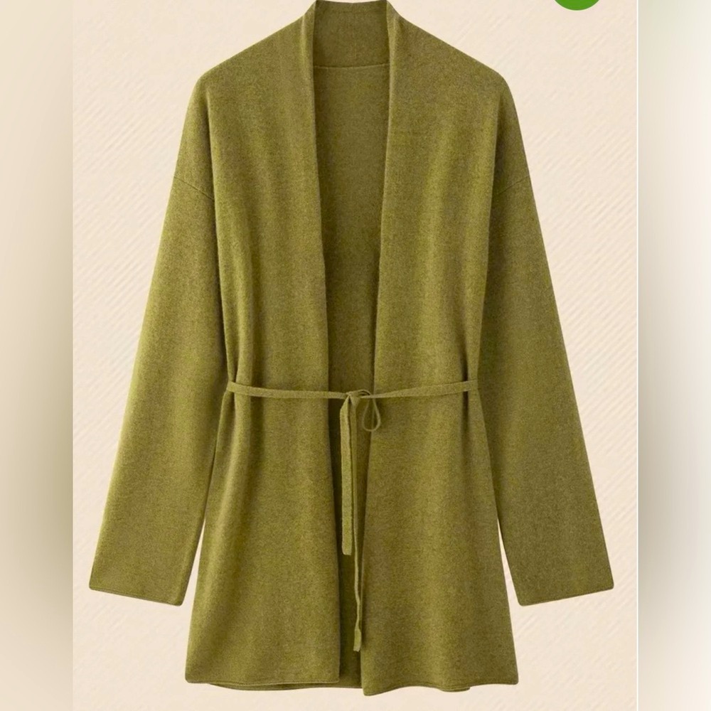 Ahkeke London Open Front Olive Green Cashmere Cardigan Sweater with tie belt, S